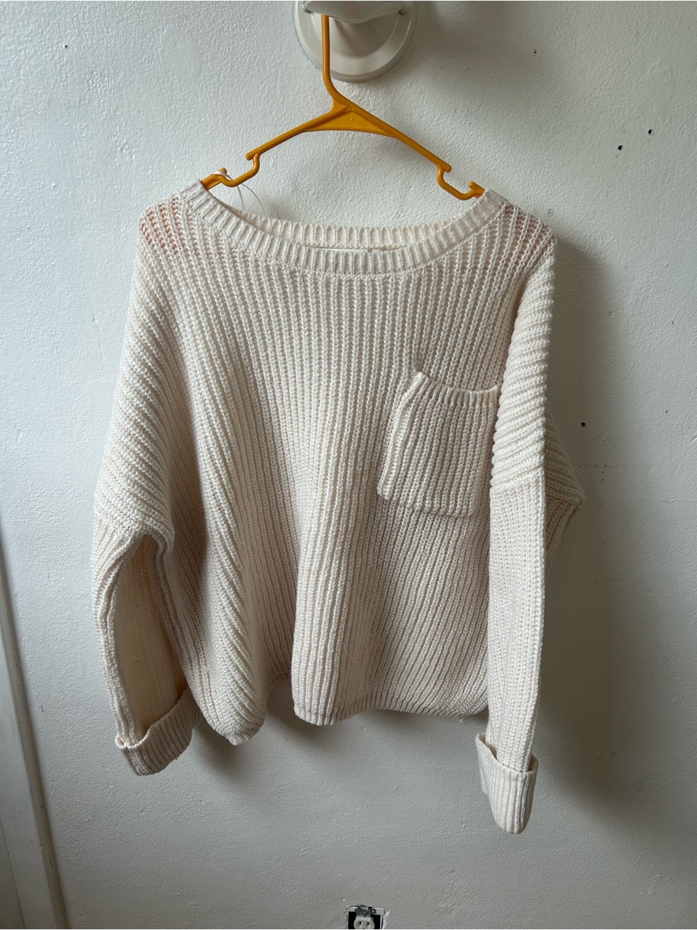 Altar'd State Cream Ribbed Crewneck Sweater with Pocket Detail